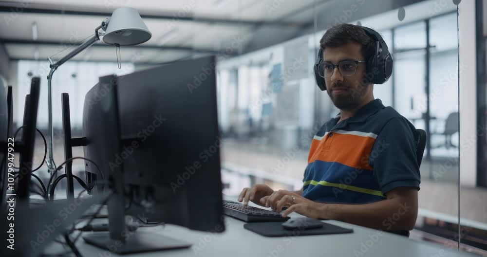 Software Development Department Working in a Cyber Security Artificial Intelligence Company. Portrait of a Young Indian Web Engineer Wearing Headphones, Working on a Desktop Computer in Office Software Development Department Working in a Cyber Security Artificial Intelligence Company. Portrait of a Young Indian Web Engineer Wearing Headphones, Working on a Desktop Computer in Office