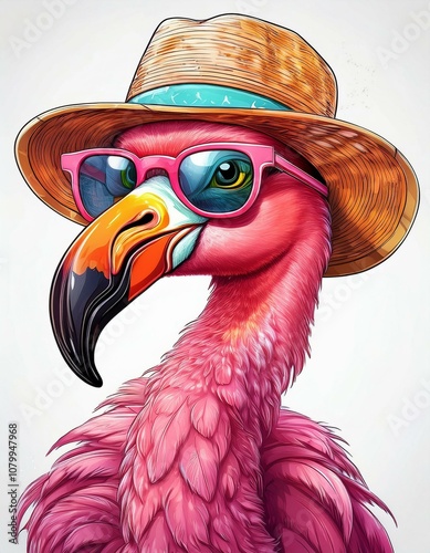 Flamingo mit Sonnenbrille und Strohhut im Sommer
