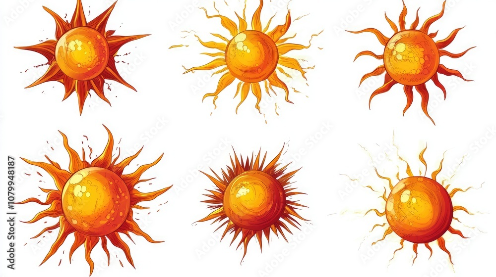A Vibrant Collection of Six Distinct Sun Illustrations Featuring Unique Styles and Color Variations, Perfect for Creative Projects Ranging from Graphics to Prints A Vibrant Collection of Six Distinct Sun Illustrations Featuring Unique Styles and Color Variations, Perfect for Creative Projects Ranging from Graphics to Prints