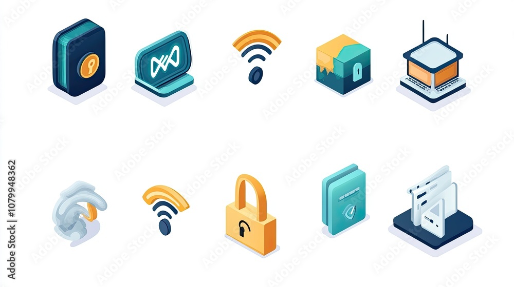 Diverse Collection of Isometric Security Icons Featuring Lock, Wi-Fi, Data Protection and Network Connectivity Symbols for Digital Safety and Technology Themes Diverse Collection of Isometric Security Icons Featuring Lock, Wi-Fi, Data Protection and Network Connectivity Symbols for Digital Safety and Technology Themes