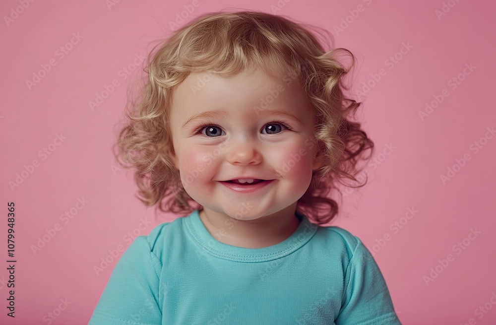 Cute, happy, smiling toddler child with blond, curly hair, isolated on a pastel pink background. Cute, happy, smiling toddler child with blond, curly hair, isolated on a pastel pink background.