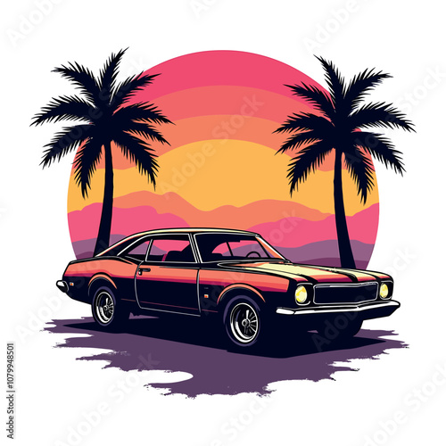 car with sunset and retro-style palm silhouette vector t shirt design