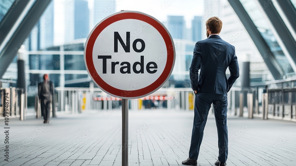 Businessman faces 'No Trade' sign on urban pathway. Businessman faces 'No Trade' sign on urban pathway.