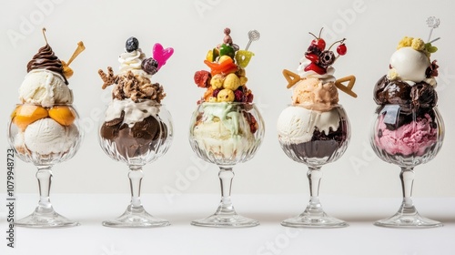 Assortment of Colorful Ice Cream Sundaes in Elegant Glassware Showcasing Unique Toppings and Flavors Perfect for Summer Treats and Desserts Photography photo