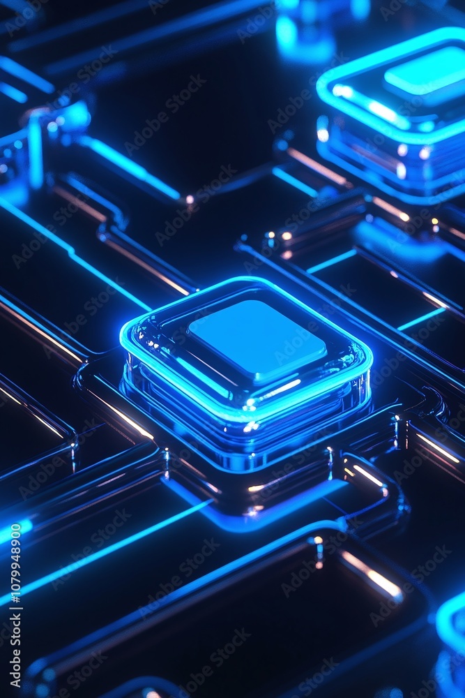 Fototapeta premium Close-up View of Futuristic Circuit Board with Glowing Neon Blue Elements, Highlighting the Complex Interplay of Technology and Design