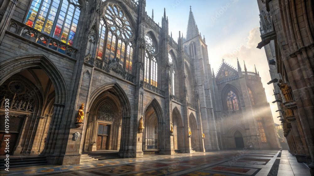 Fototapeta premium Massive Gothic Cathedral at Dawn, Arches, Stained Glass, Spires, Awe - inspiring Religious Grandeur.