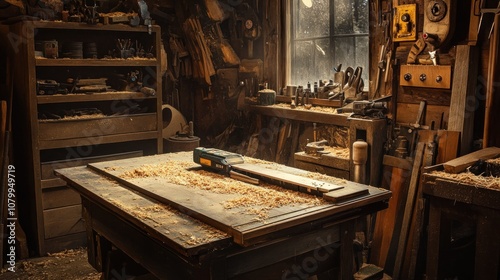 A woodworking shop with tools, sawdust, and a workbench.