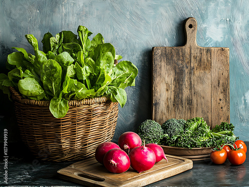 Fresh vegetables on a wooden board with spinach broccoli tomato and beetroot photo