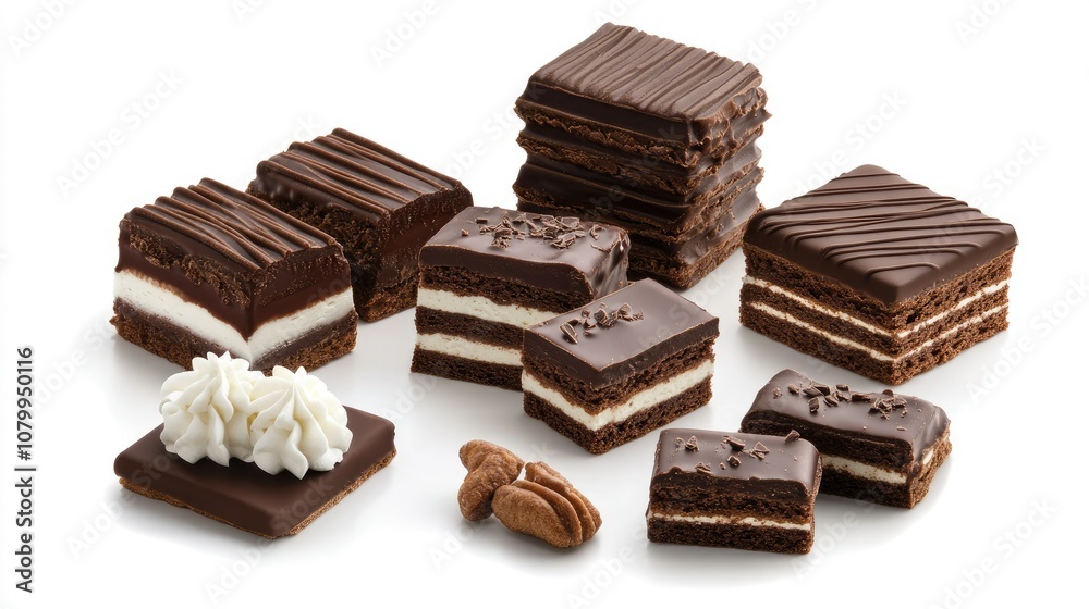 Assorted Chocolate Pastries and Cakes on White Background Perfect for Dessert Lovers and Baking Enthusiasts, Featuring Layers and Decorative Designs Assorted Chocolate Pastries and Cakes on White Background Perfect for Dessert Lovers and Baking Enthusiasts, Featuring Layers and Decorative Designs