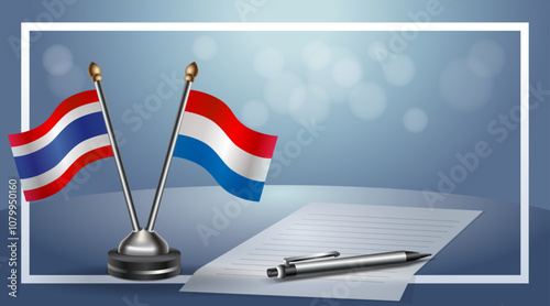 Thailand and Netherlands Small national flag on bokeh background, cooperative relationship