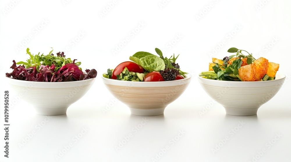 Fresh and Colorful Salad Bowls with Mixed Greens, Vegetables, and Herbal Garnishes for Healthy Eating and Culinary Presentation Fresh and Colorful Salad Bowls with Mixed Greens, Vegetables, and Herbal Garnishes for Healthy Eating and Culinary Presentation
