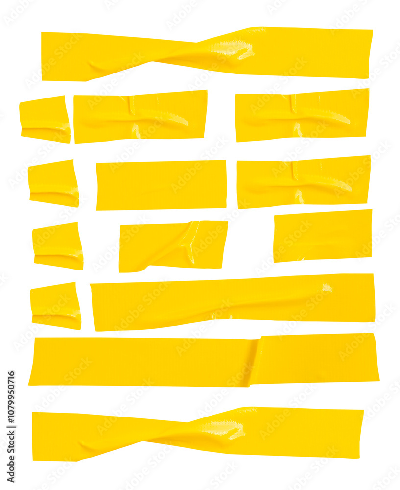 Top view set of wrinkled or crumpled yellow adhesive vinyl tape or cloth tape in stripes shape isolated with clipping path in png file format Top view set of wrinkled or crumpled yellow adhesive vinyl tape or cloth tape in stripes shape isolated with clipping path in png file format