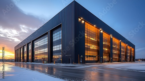 Modern industrial building with large glass windows reflecting sunset near a snowy road in a quiet urban area