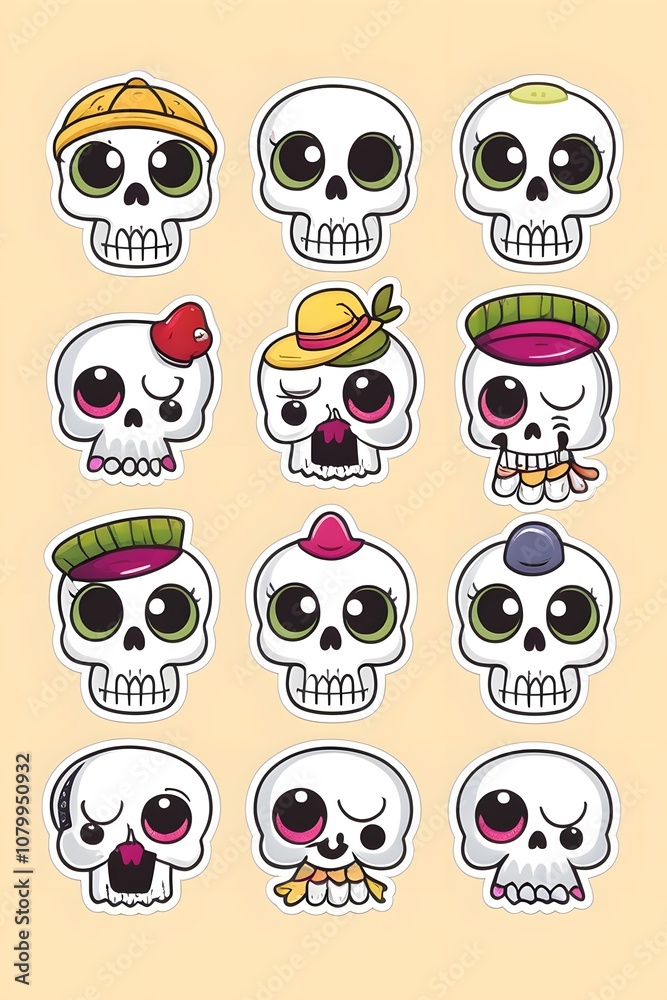 Cute Cartoon Skulls with Different Expressions and Accessories: A Collection of Adorable Skull Stickers Cute Cartoon Skulls with Different Expressions and Accessories: A Collection of Adorable Skull Stickers