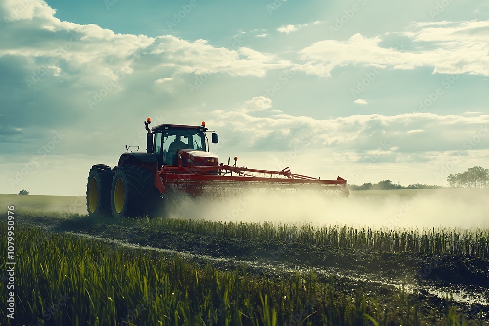 Fototapeta premium Red Tractor Spraying Fertilizer in a Field