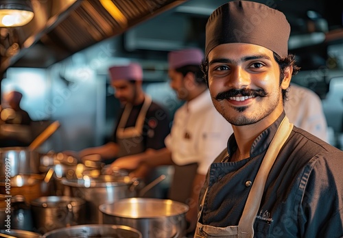 an attractive young Indian man with a mustache, wearing a chef's hat and apron, standing and smiling inside the kitchen of an elite top restaurant