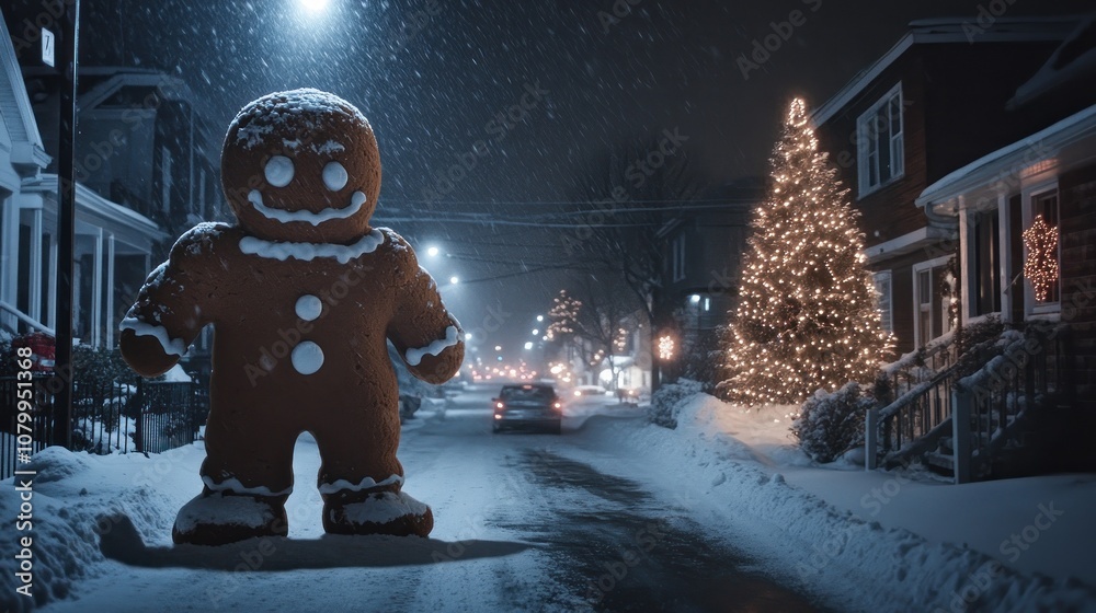 Obraz premium Tall gingerbread man in a snow-covered festive town