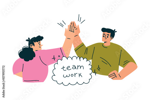 Productive Workflow with Man and Woman Give High Five Managing Task Vector Illustration