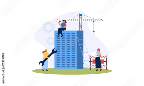 Building house process at construction site, work with floor plan illustration