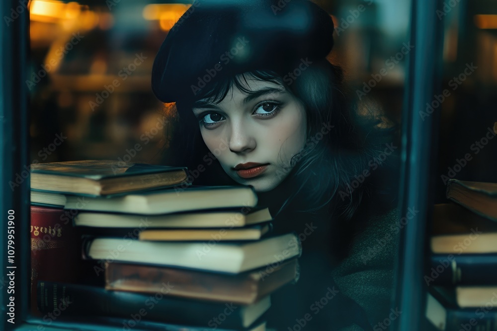 Young woman with dark hair looking through window with books Young woman with dark hair looking through window with books