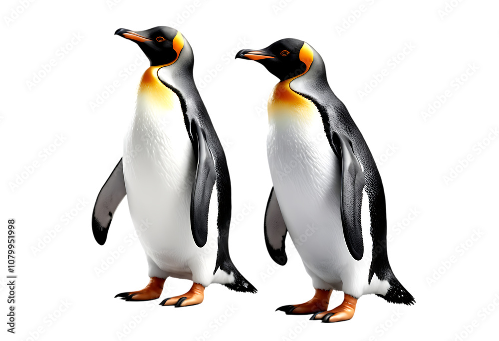 Fototapeta premium Two King Penguins Standing Side by Side on a transparent PNG background.