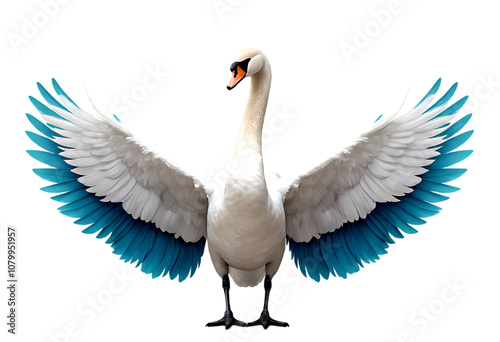 White Swan with Blue Wing Tips Spread Wide on a transparent PNG background.