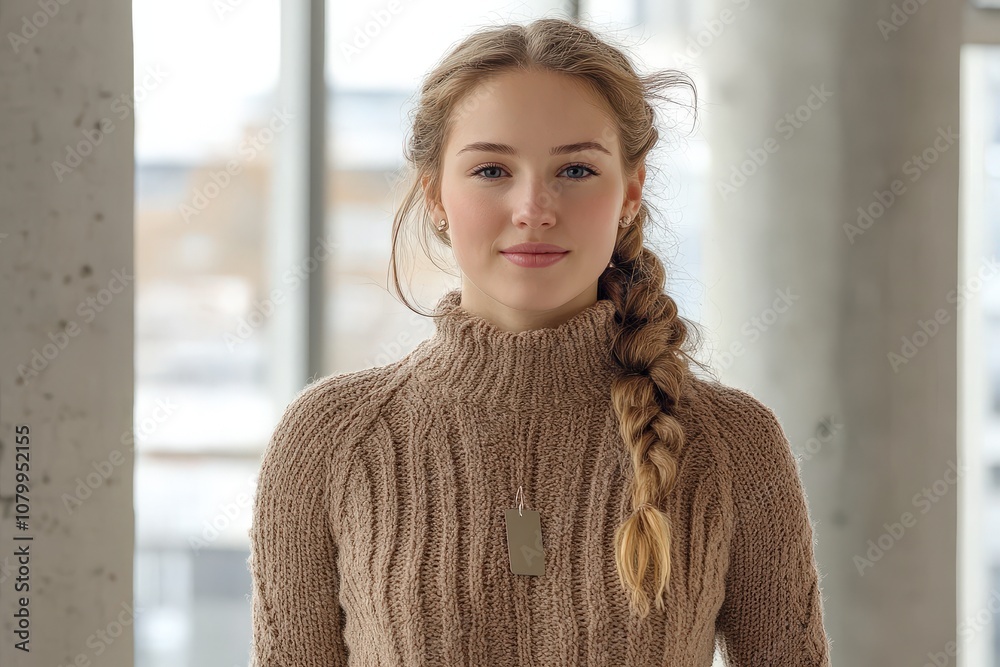 A young woman with a braid wearing a cozy sweater in a modern indoor setting. A young woman with a braid wearing a cozy sweater in a modern indoor setting.