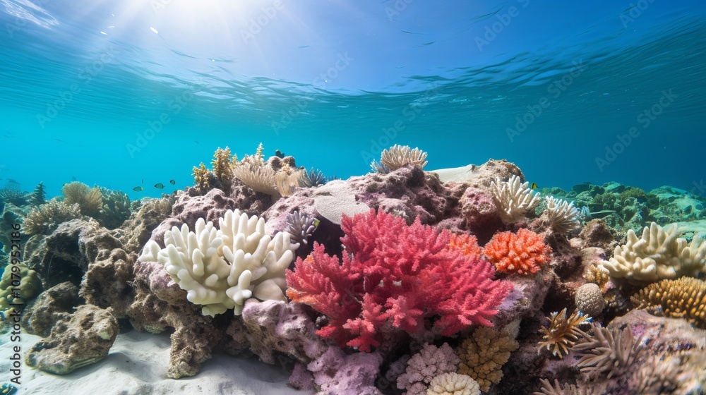 Obraz premium A vibrant underwater scene showcasing diverse coral formations in shades of pink, white, and orange.