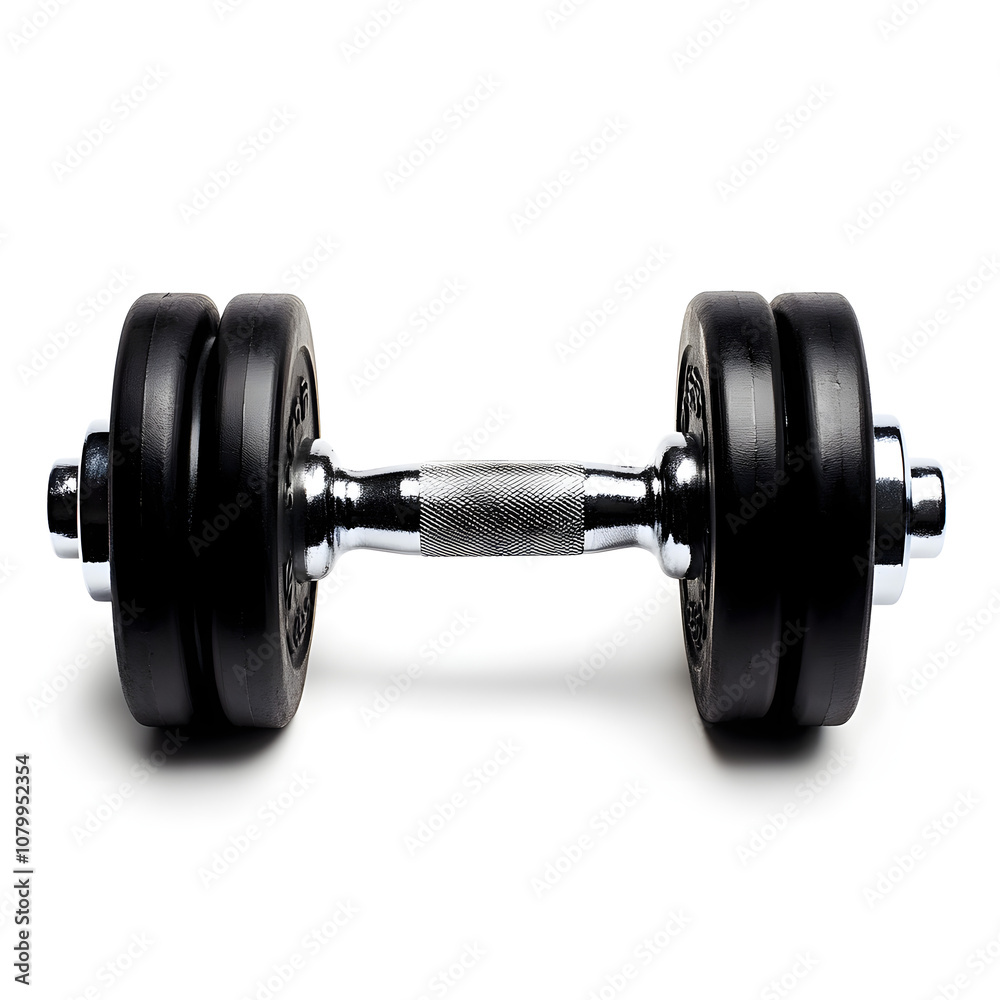 Adjustable dumbbell with black plates and chrome handle, ideal for strength training, home gyms, weightlifting, and fitness workouts, isolated on white background Adjustable dumbbell with black plates and chrome handle, ideal for strength training, home gyms, weightlifting, and fitness workouts, isolated on white background