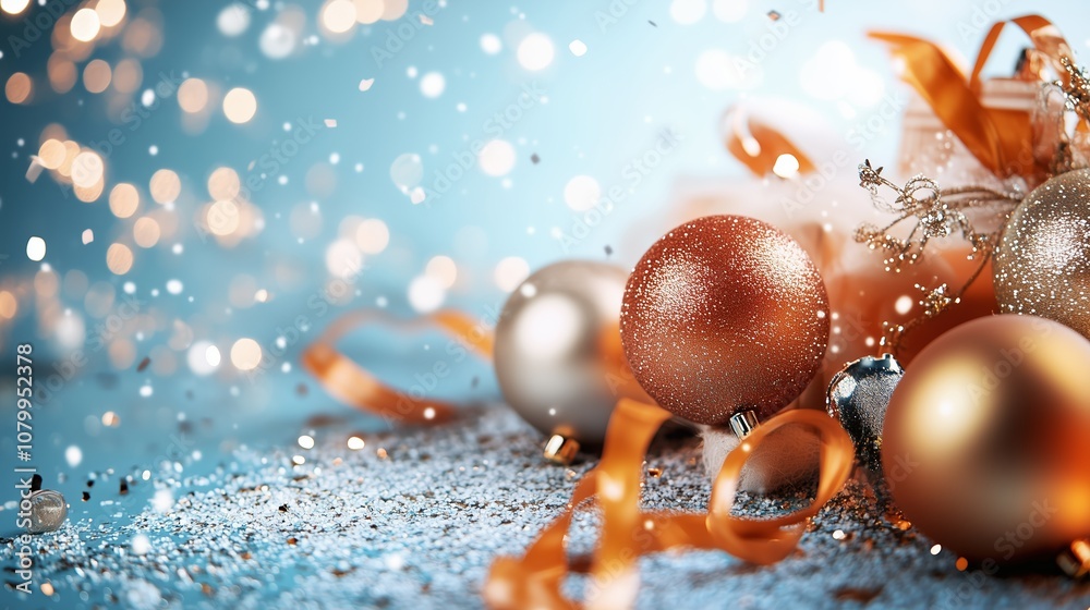 Fototapeta premium Shiny copper and silver ornaments rest on a bed of glitter and ribbon