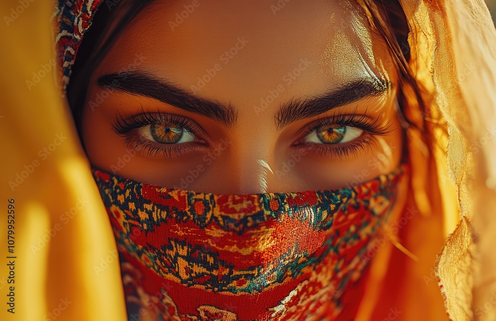 Close-up of a Mexican woman in traditional dress, wearing makeup and red eyeliner with colorful shawls Close-up of a Mexican woman in traditional dress, wearing makeup and red eyeliner with colorful shawls