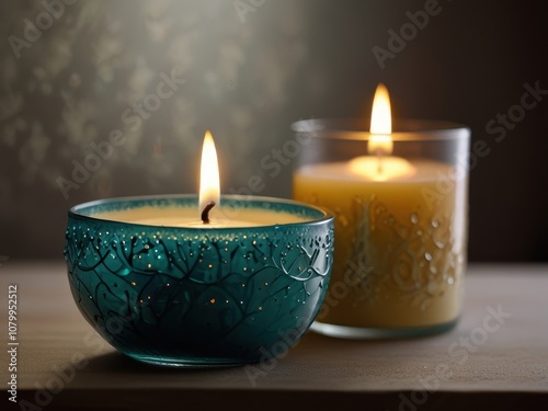 Cozy Candle in Glass Vessel with Warm Christmas Background