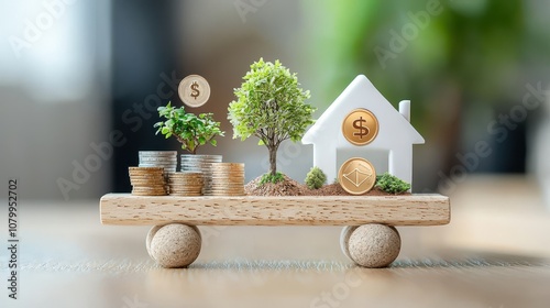 Conceptual image of a miniature house on a wooden trolley, showcasing trees, coins, and symbols of money, emphasizing growth and investment in real estate and nature