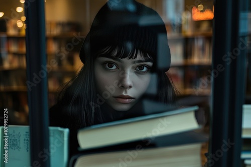 Woman Looking Through Glass Doors in Bookstore photo