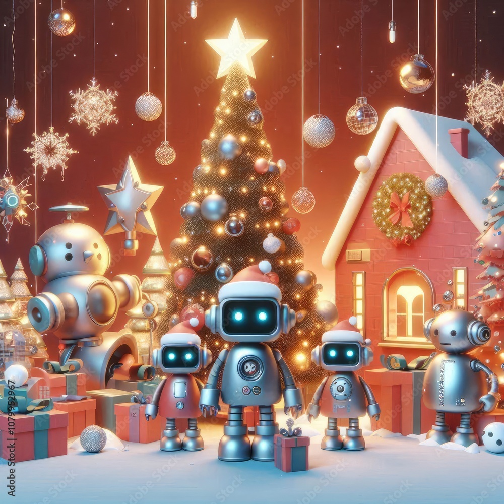 3d render christmas atmosphere, robot and futuristic theme, cute shapes