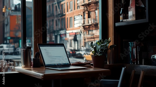 Fototapeta Naklejka Na Ścianę i Meble -  A blank laptop screen on a bar table by a café window, with a city street view, great for blogging or freelance work previews. 