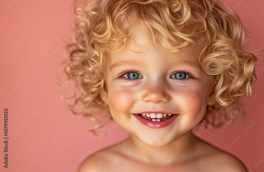 Cute, happy, smiling toddler child with blond, curly hair, isolated on a pastel pink background. Cute, happy, smiling toddler child with blond, curly hair, isolated on a pastel pink background.