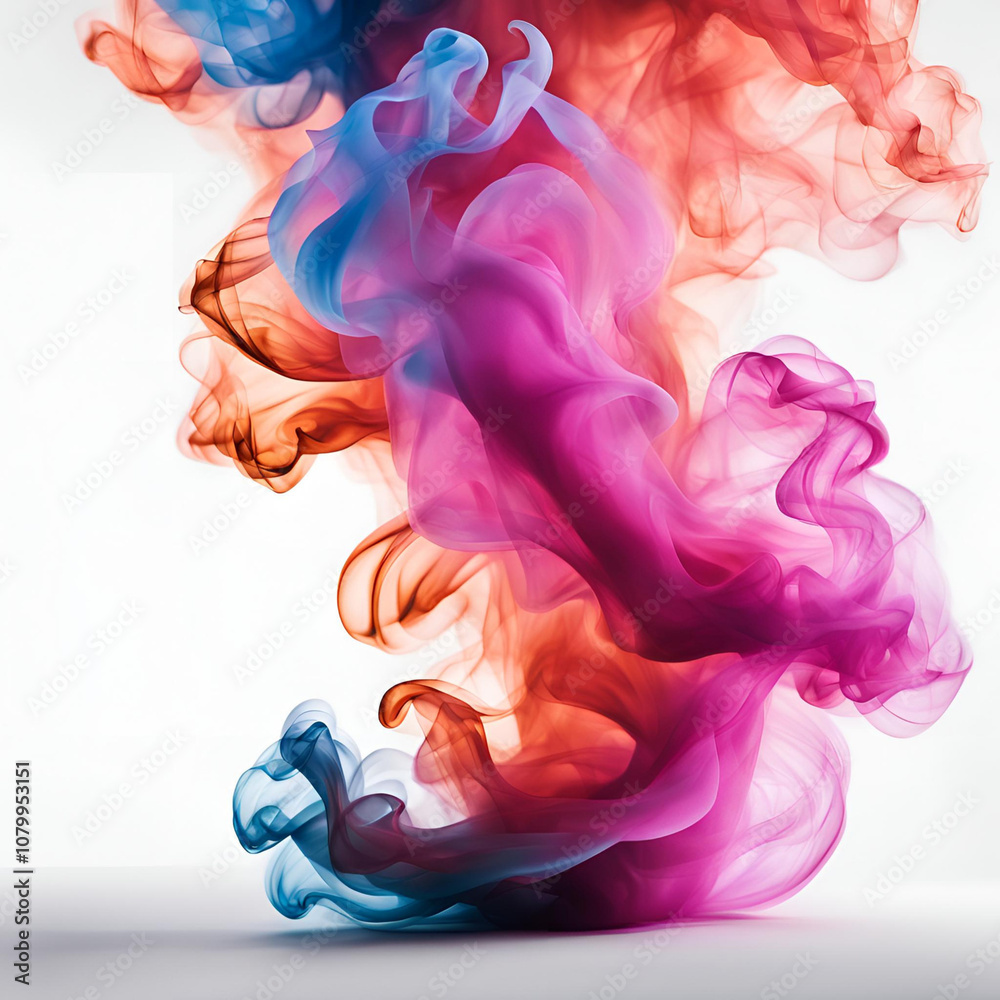 A mesmerizing flow of pink, blue, and orange smoke swirling on a white background, creating a vibrant and ethereal abstract art piece with movement and contrast. A mesmerizing flow of pink, blue, and orange smoke swirling on a white background, creating a vibrant and ethereal abstract art piece with movement and contrast.