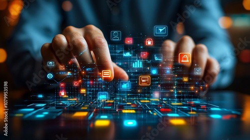 Digital marketing, banking, payment and online shopping, Businessman touching global business networking on colorful background