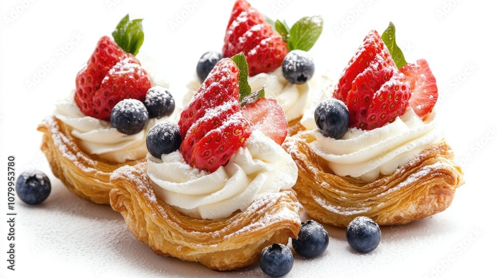 Delightful Pastry Treats with Fresh Strawberries, Whipped Cream, and Blueberries Perfect for a Sweet Dessert Table or Gourmet Catering Event Delightful Pastry Treats with Fresh Strawberries, Whipped Cream, and Blueberries Perfect for a Sweet Dessert Table or Gourmet Catering Event
