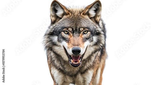 Front view of angry wolf  face and mouth open. photo