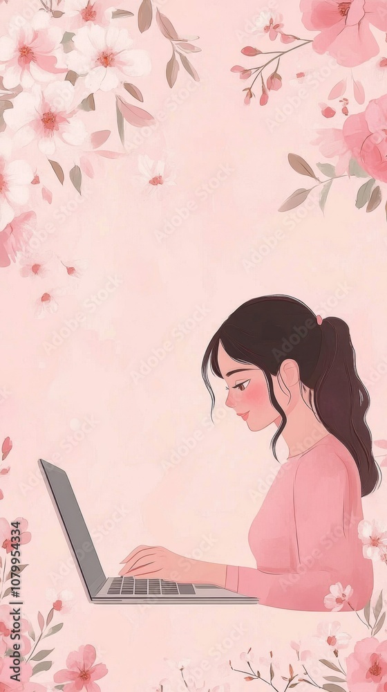 woman working on a laptop, floral pink background . ai generated woman working on a laptop, floral pink background . ai generated