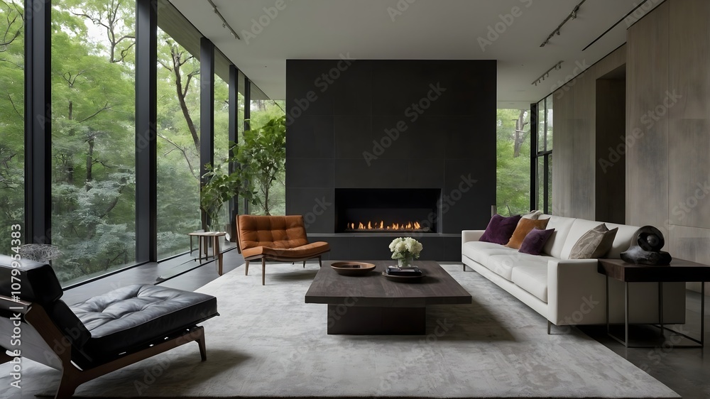 AI-generated ultra-modern living room in USA and Paris style, featuring minimalist design, nature backgrounds, dynamic lighting, and unique accents AI-generated ultra-modern living room in USA and Paris style, featuring minimalist design, nature backgrounds, dynamic lighting, and unique accents
