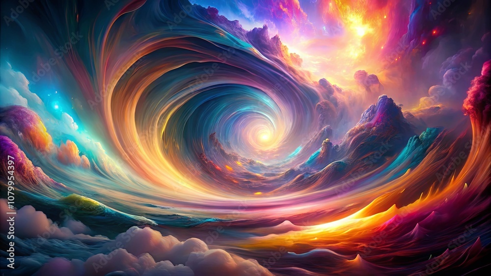 Obraz premium A swirling vortex of vibrant hues, encompassing celestial landscapes, with a luminescent center, radiating ethereal energy.