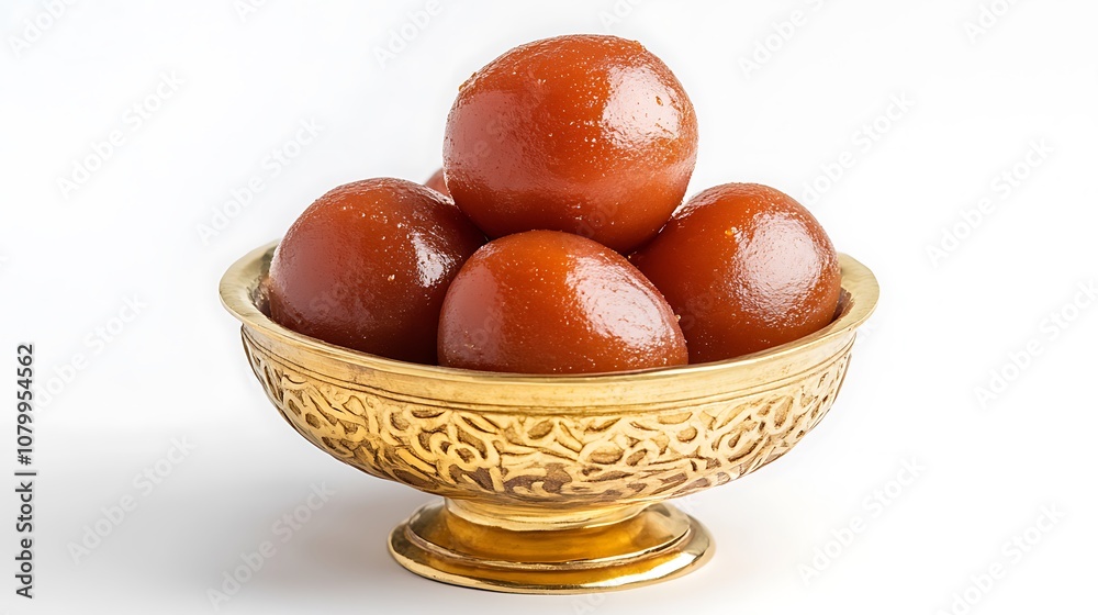 Gold bowl holds several round, brown, sweet treats. Gold bowl holds several round, brown, sweet treats.
