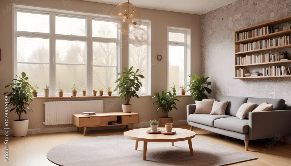 Fototapeta premium Scandinavian living room interior design zoom background,Doodle patterned wallpaper graphics