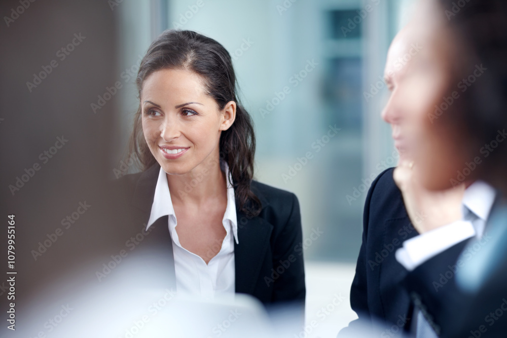 Happy woman, team meeting and business people in discussion, planning or problem solving. Group, smile and manager brainstorming ideas, finance solution or listen for sales update in corporate office Happy woman, team meeting and business people in discussion, planning or problem solving. Group, smile and manager brainstorming ideas, finance solution or listen for sales update in corporate office