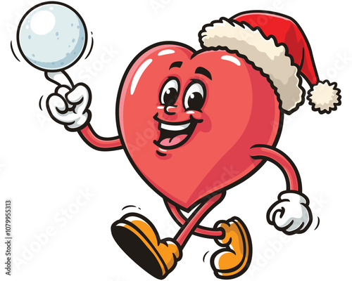 Love Heart playing snowballs and wearing a christmas hat,  Cartoon Mascot Illustration Character Vector Clip-art Hand-drawn Logo Design