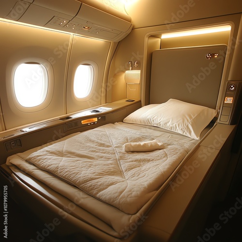 Firstclass airline seating with a fully reclined bed option, luxurious blankets, and pillows photo