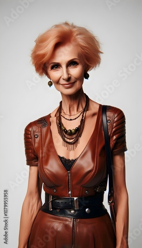 Fashionable Elderly Caucasian Woman with Red Hair in Leather Shirt & Jewelry on Bright Background